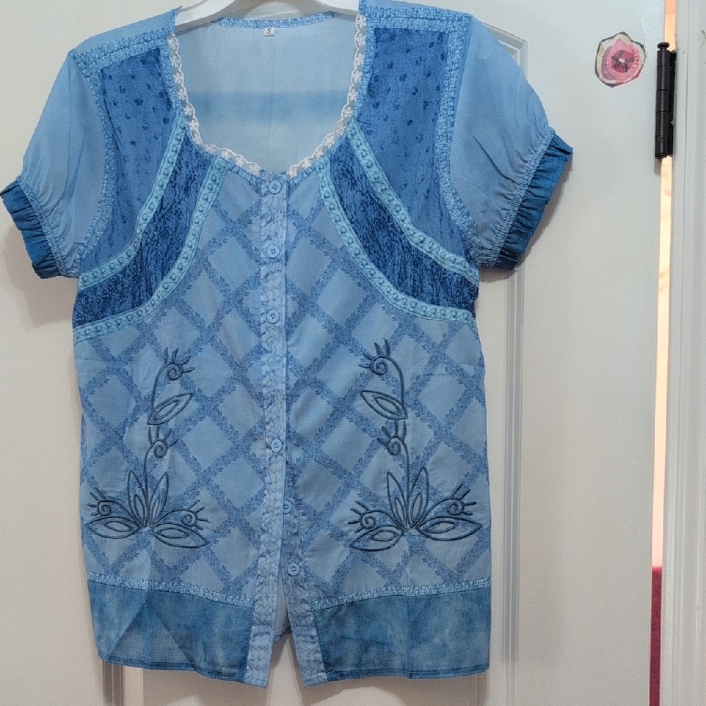 Elegant Blue Embroidered Women's Blouse